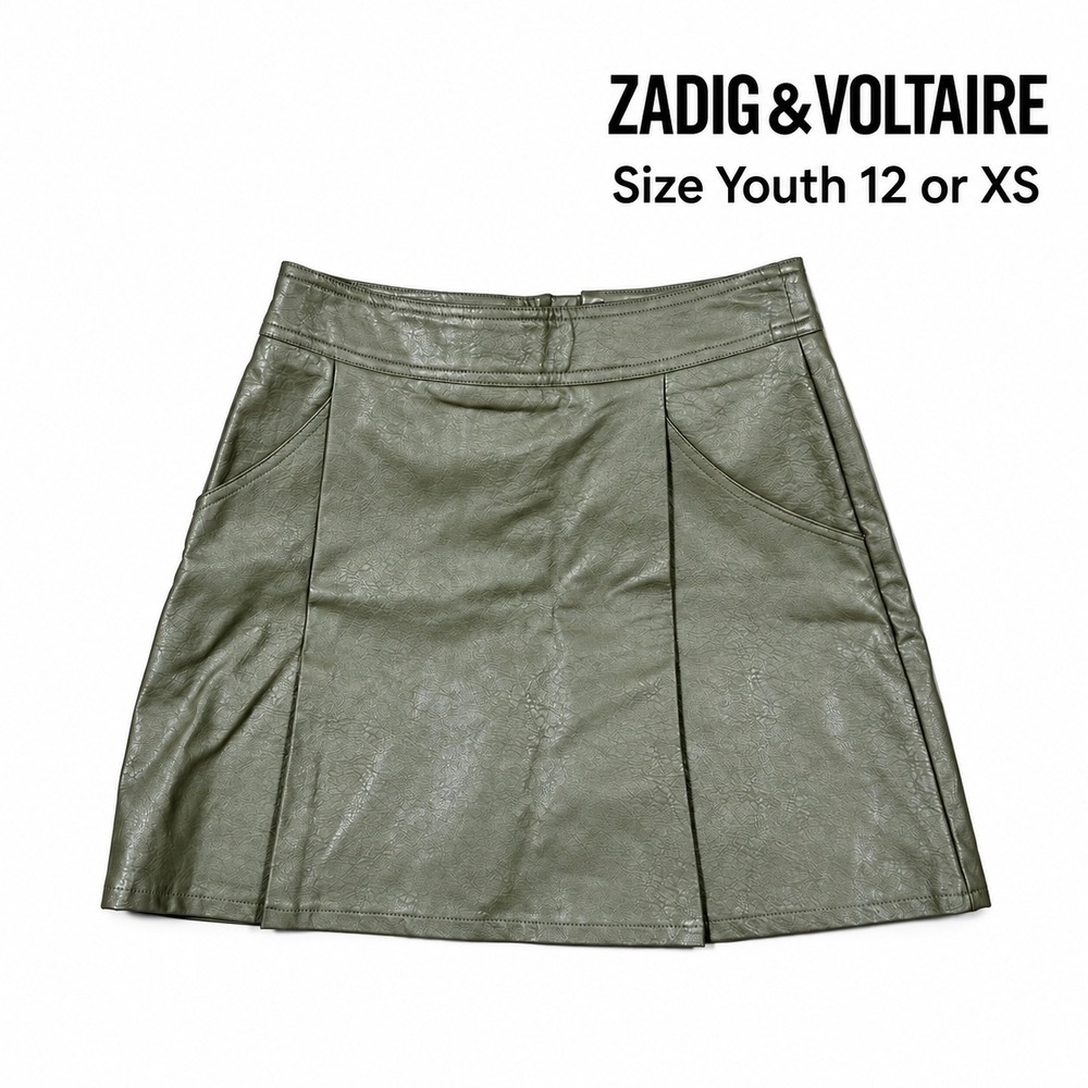Zadig & Voltaire Girls 12Y Women's XS Khaki Faux Leather Pleated Mini Skirt NWT